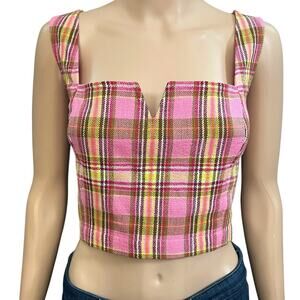 Anthropologie Maeve Plaid Corset Top 14 Pink Multi Preppy Academia Classic Crop